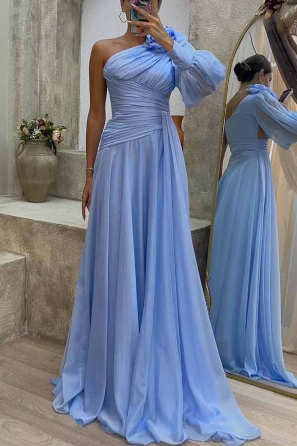 Erminda - Pleated maxi dress with one-sided sleeves