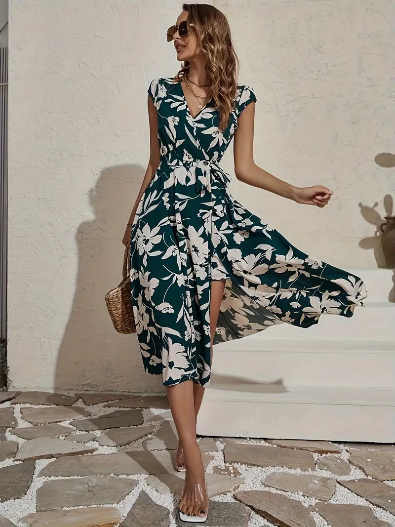 Athena - Floral Print Dress with V-Neckline