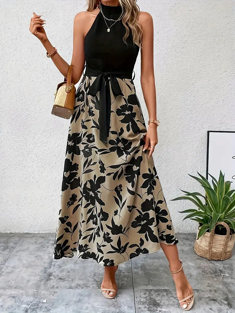 Elizabeth - Halter Neck Floral Print Split Dress