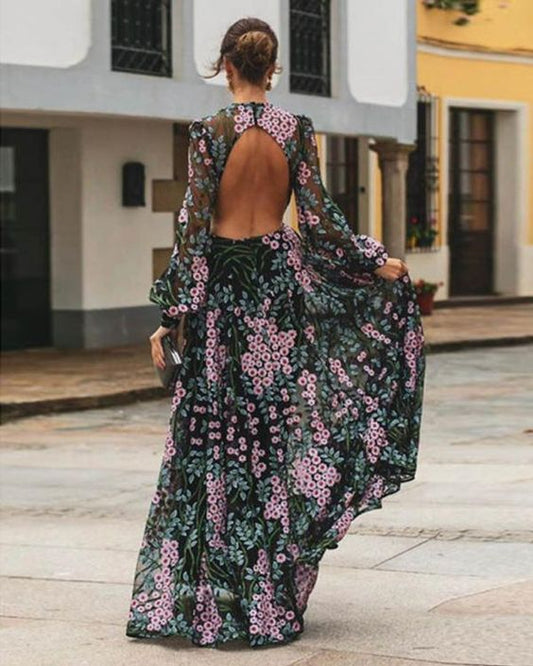 Belinda - Vintage Floral Backless Maxi Dress